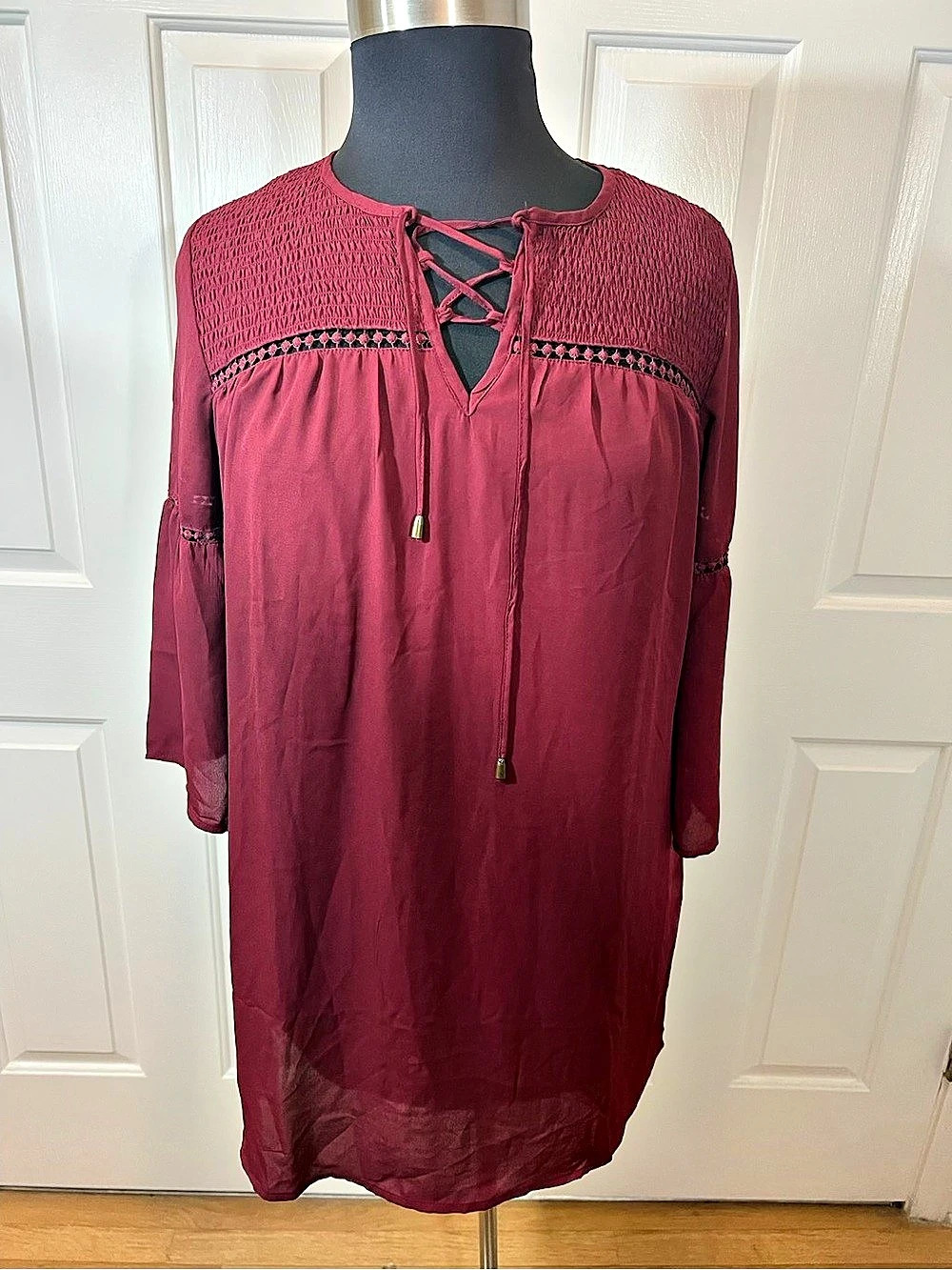 New Look Smocked Yoke Lace-Up Tunic Burgundy Large NWT